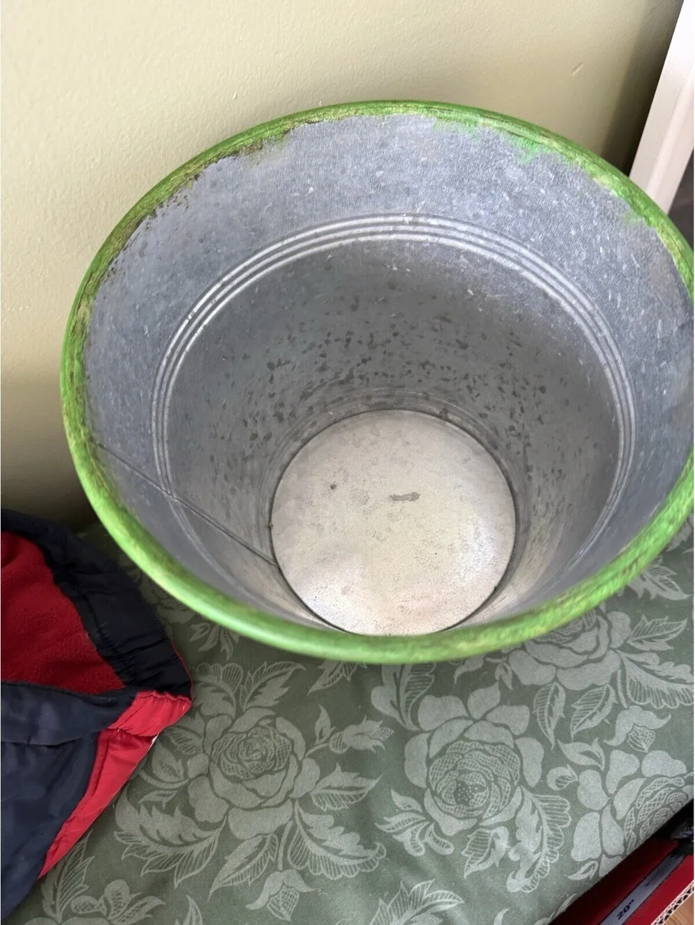 Vintage inspired french country metal bucket/pot green and cream cottagecore